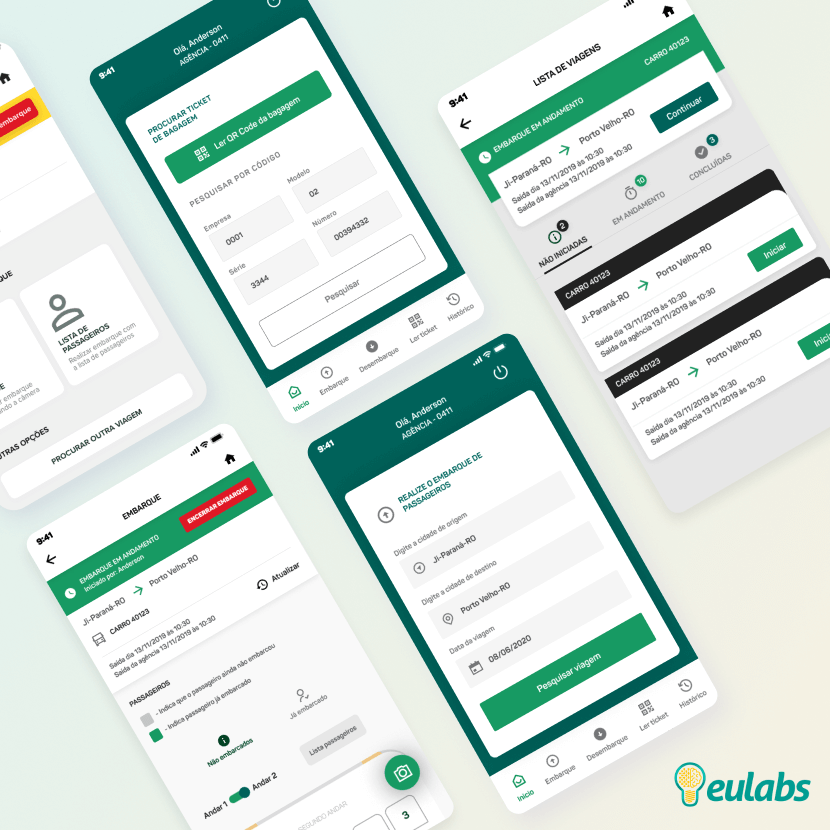 Mosaico com imagens de algumas das telas do App de Embarque Rápido - Eulabs