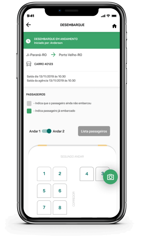 Imagem do App de embarque mostrando a tela do embarque e desembarque
