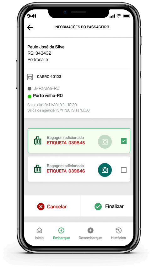 Imagem do App de embarque mostrando a tela de informações do passageiro