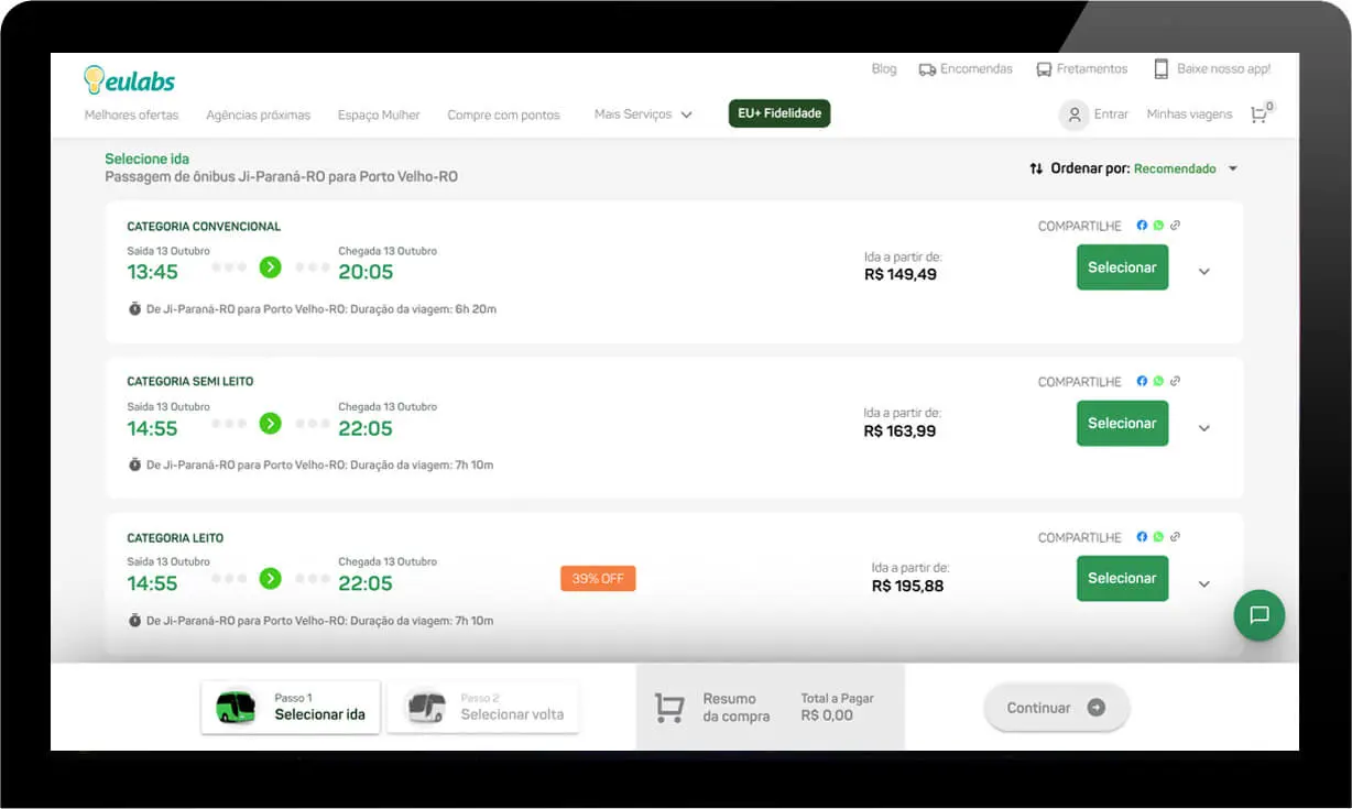 Tela com a lista dos horários disponíveis