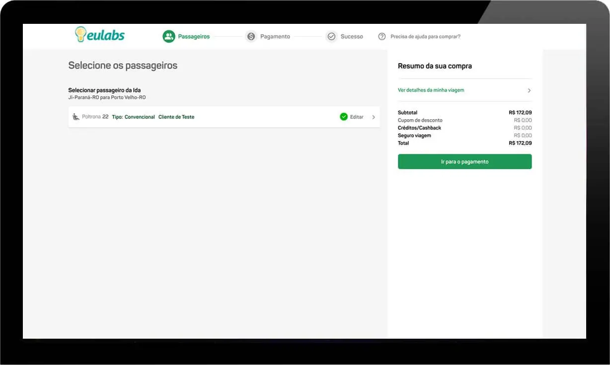 Tela com o resumo da compra e seleção dos passageiros que irão viajar por poltrona selecionada