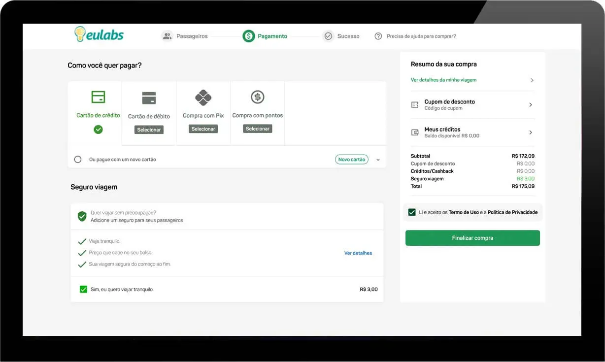 Tela com as opções de pagamento e finalização de compra