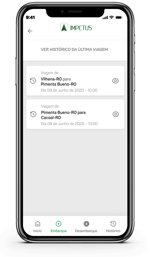 Imagem do App de embarque mostrando a tela do histórico das viagens